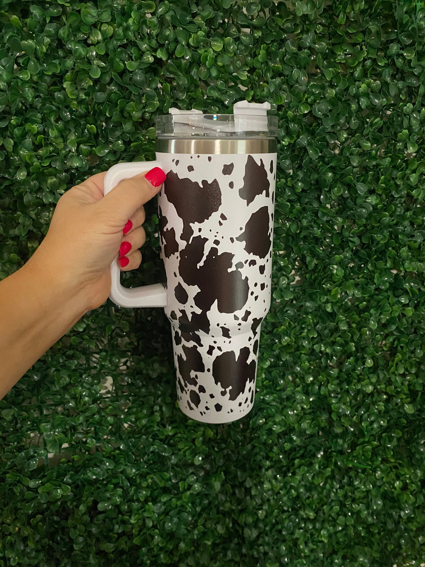 40oz Cow Print Stanley Style Cup with Handle - 360 degree